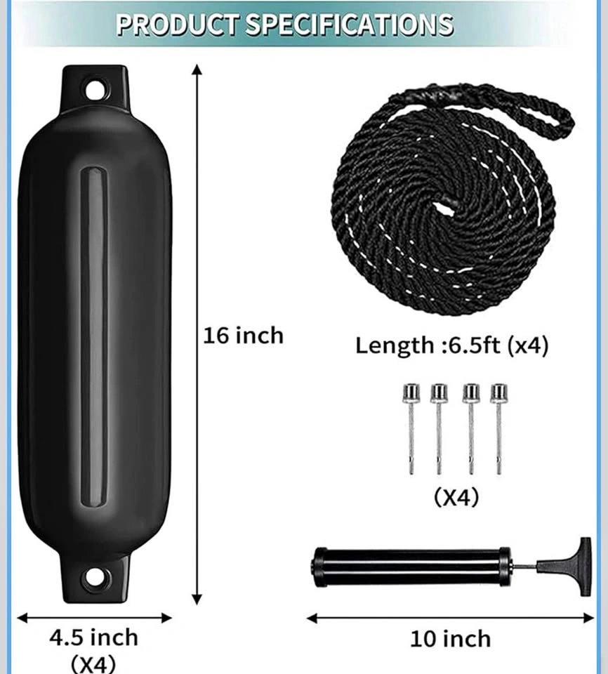 Boat Fenders 4 Pack 4.5x16 Inch Inflatable Ribbed Marine Boat