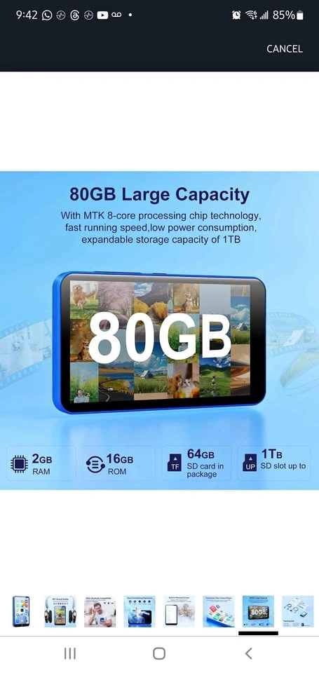 80GB MP3 Player with Bluetooth WiFi, 4" MP3 Player w/ Spotify