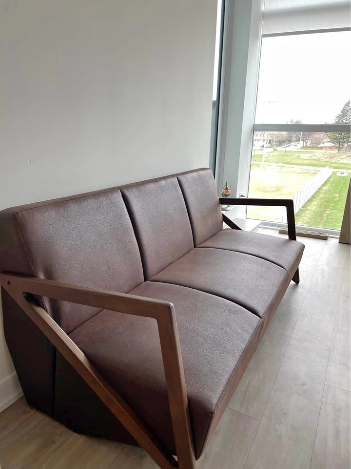 MCM Faux Leather Couch in Espresso Brown with wooden legs