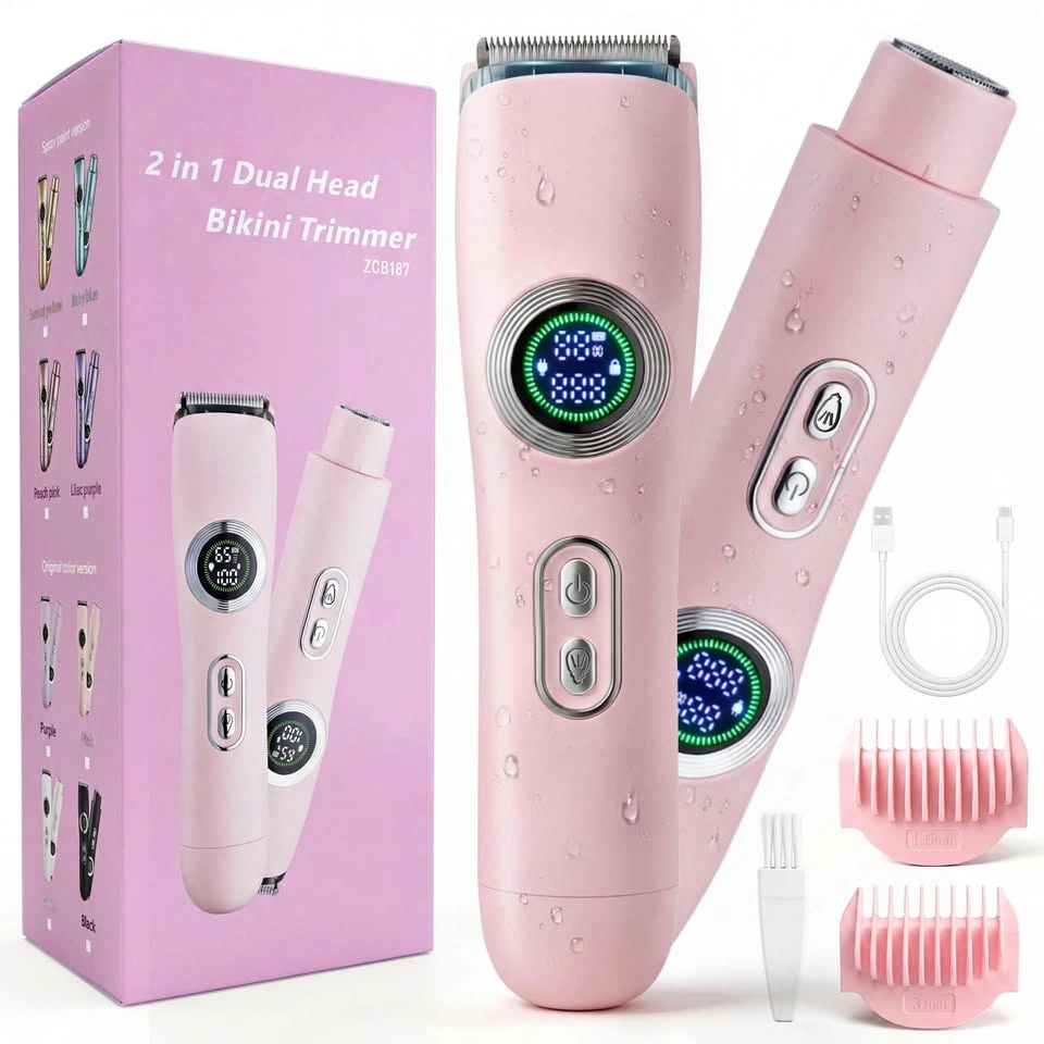 Pink 2-in-1 Dual Head Bikini Trimmer for Women USB-C Waterproof