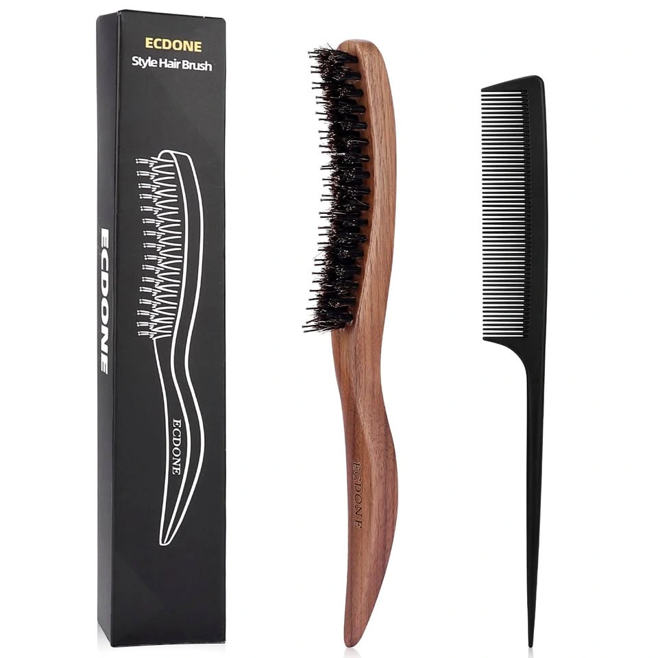 ECDONE S-shaped Walnut Wood Style Hair Brush & Comb Set