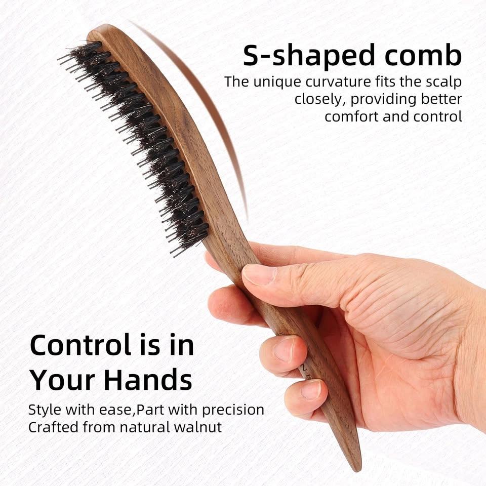 ECDONE S-shaped Walnut Wood Style Hair Brush & Comb Set - photo 2