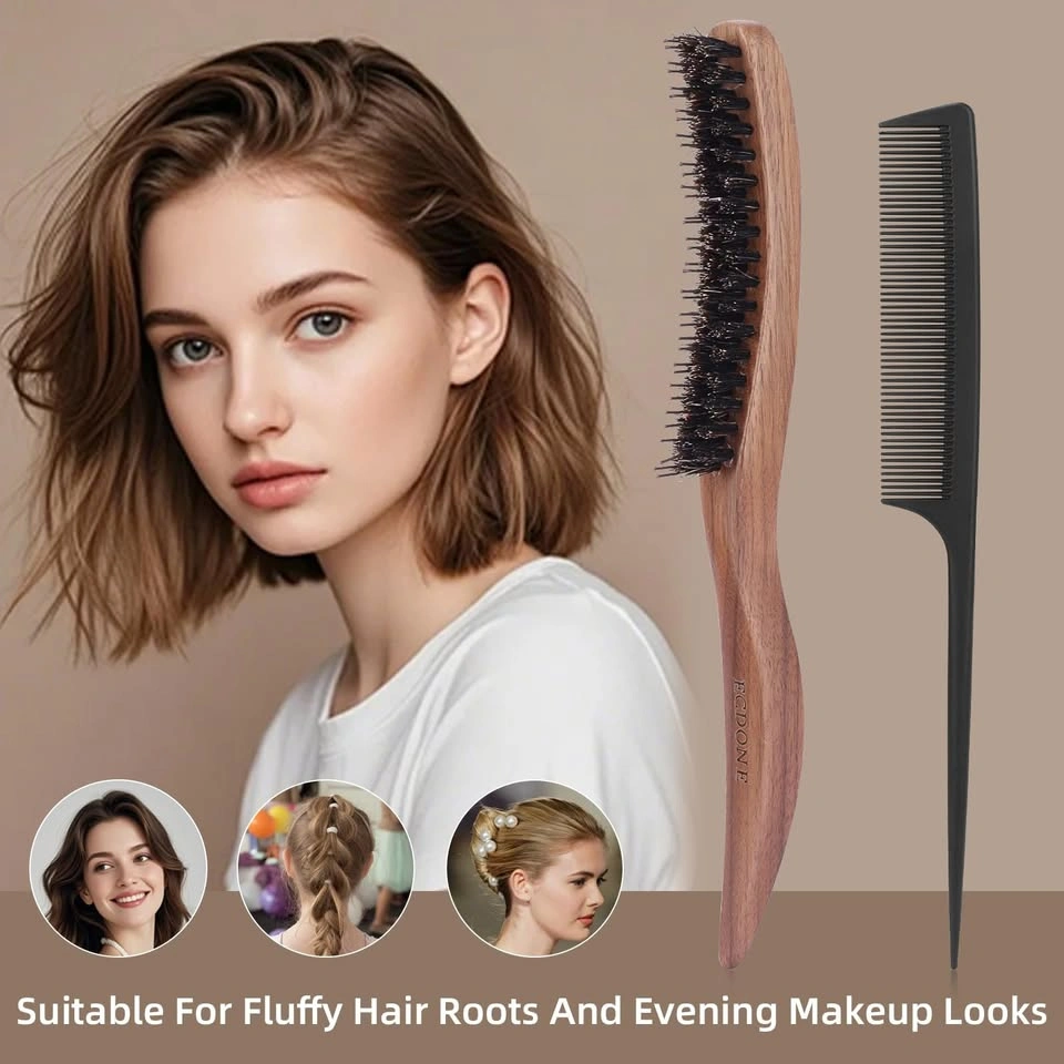 ECDONE S-shaped Walnut Wood Style Hair Brush & Comb Set - photo 3