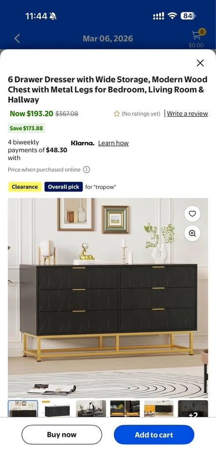 Tropow Black 6-Drawer Dresser Gold Legs Modern