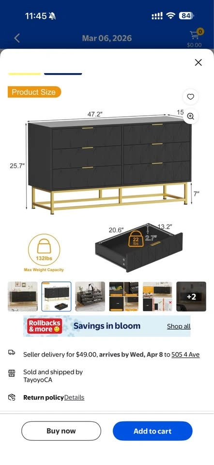 Tropow Black 6-Drawer Dresser Gold Legs Modern - photo 2