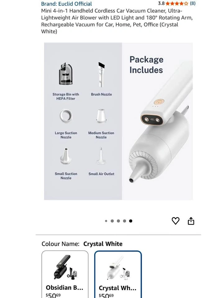 Euclid White Mini 4-in-1 Cordless Car Vacuum Cleaner