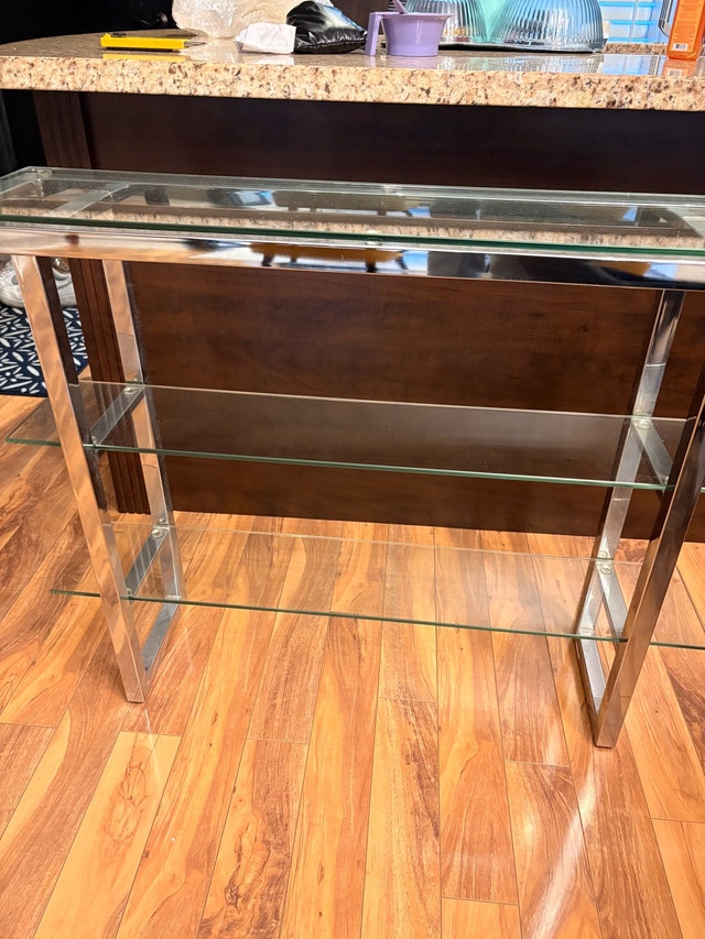 Glass console table. Bar cart