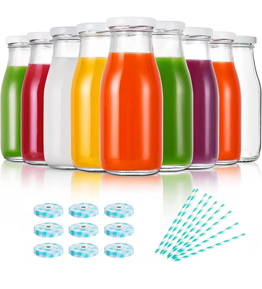 11oz Glass Milk Bottles with Lids & Straws (Set of 6)