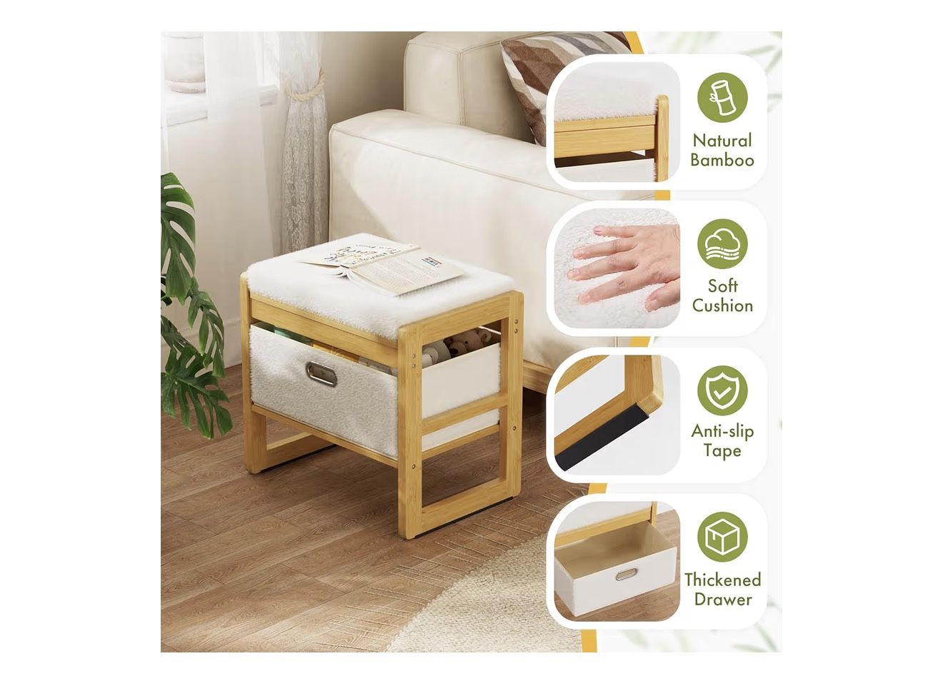 New Storage Ottoman, Bamboo Footstool with Drawer - photo 3
