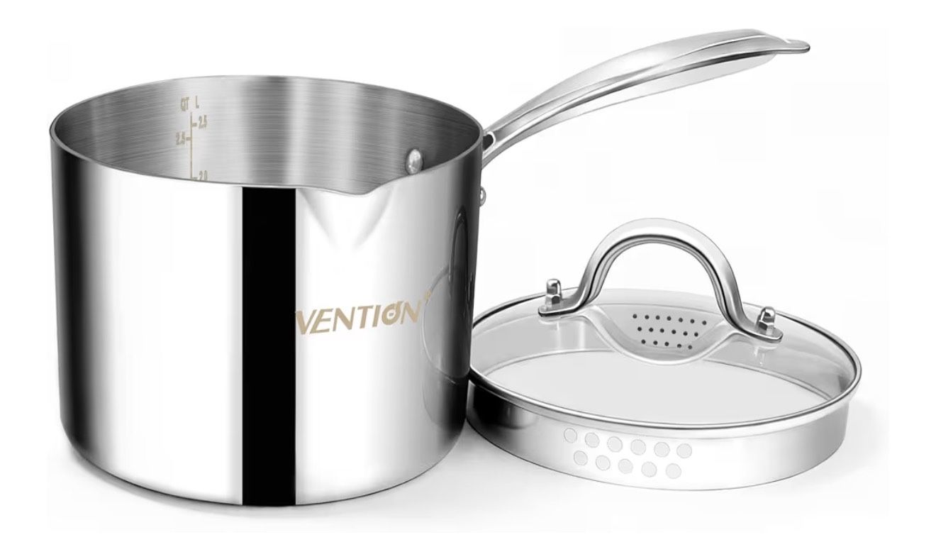 New Tri-Ply Stainless Steel 3 Qt Saucepan w/ Strainer Lid