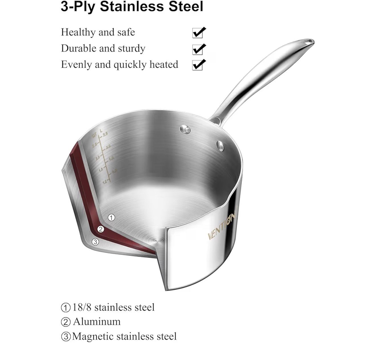 New Tri-Ply Stainless Steel 3 Qt Saucepan w/ Strainer Lid - photo 3