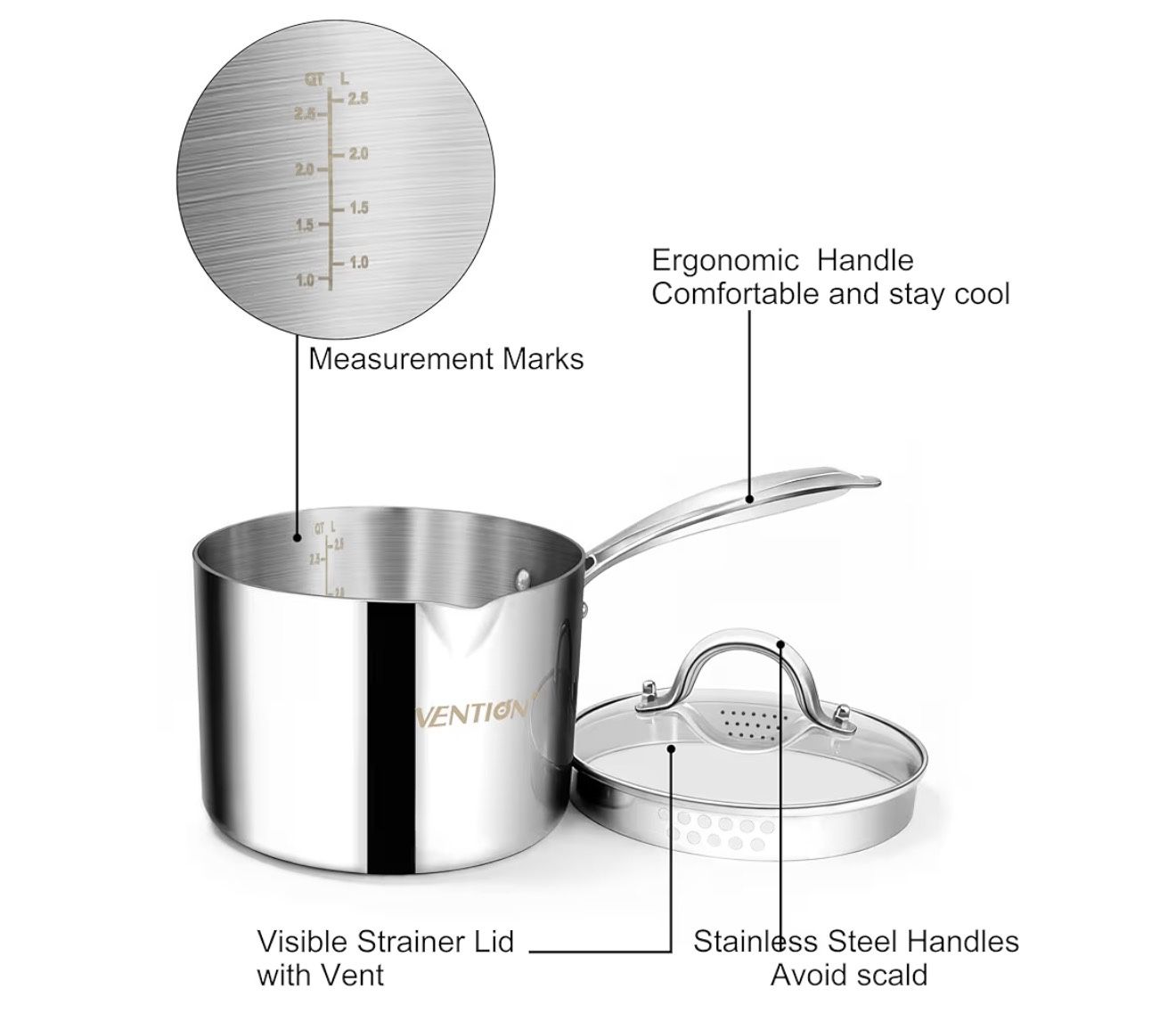 New Tri-Ply Stainless Steel 3 Qt Saucepan w/ Strainer Lid - photo 4