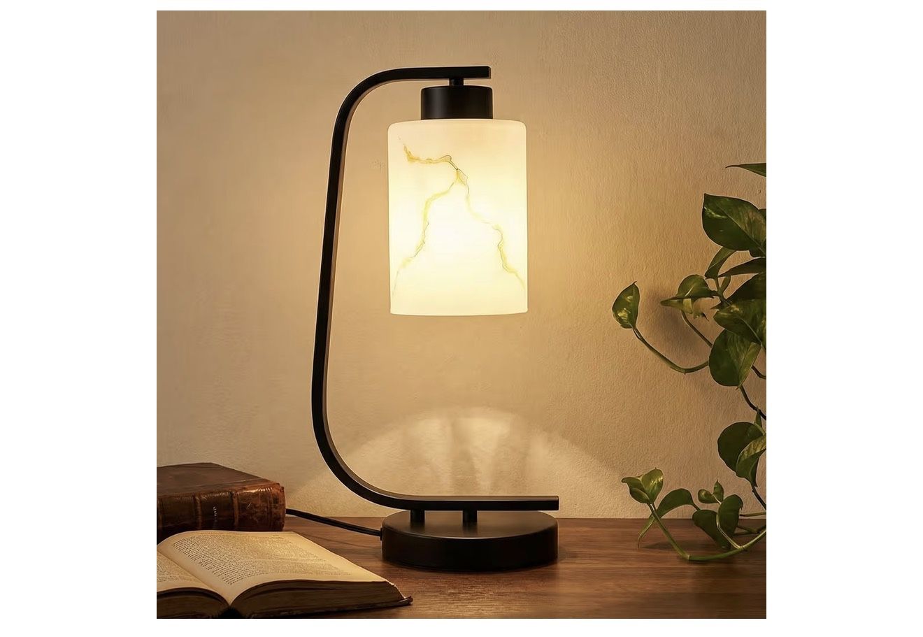 Modern Industrial Table Lamp with Marble Glass Shade