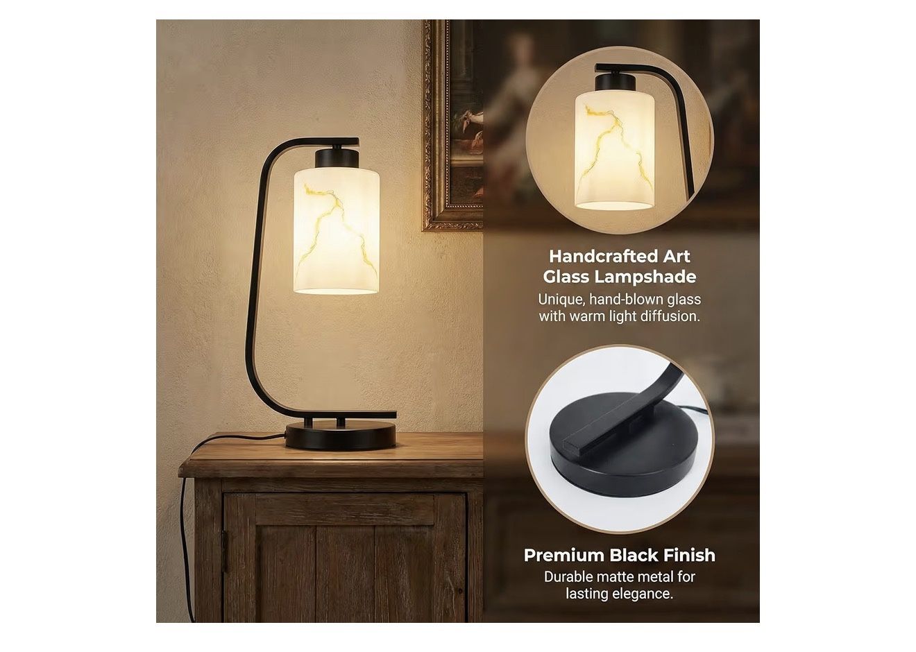 Modern Industrial Table Lamp with Marble Glass Shade - photo 3