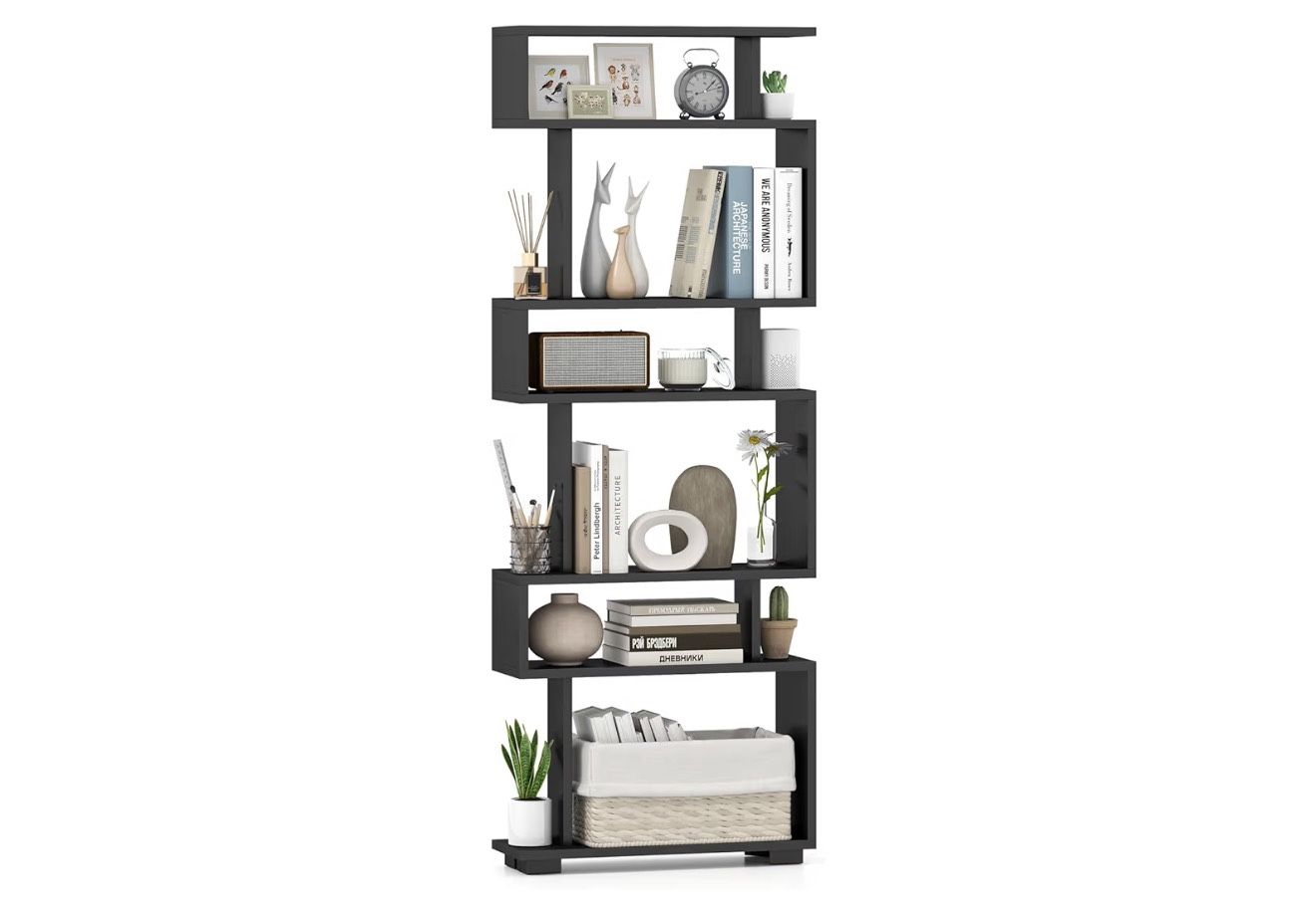 6-Tier Geometric Bookcase, 64" Tall S-Shaped Bookshelf