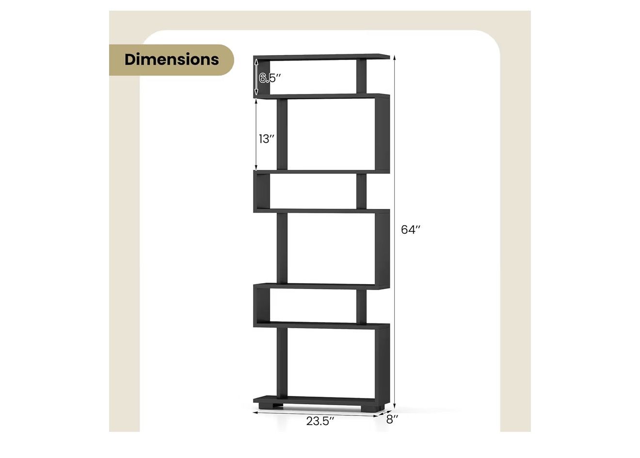 6-Tier Geometric Bookcase, 64" Tall S-Shaped Bookshelf - photo 2