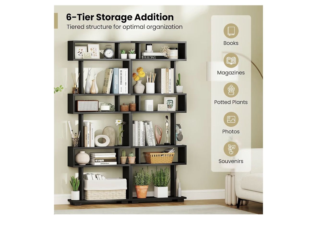 6-Tier Geometric Bookcase, 64" Tall S-Shaped Bookshelf - photo 4