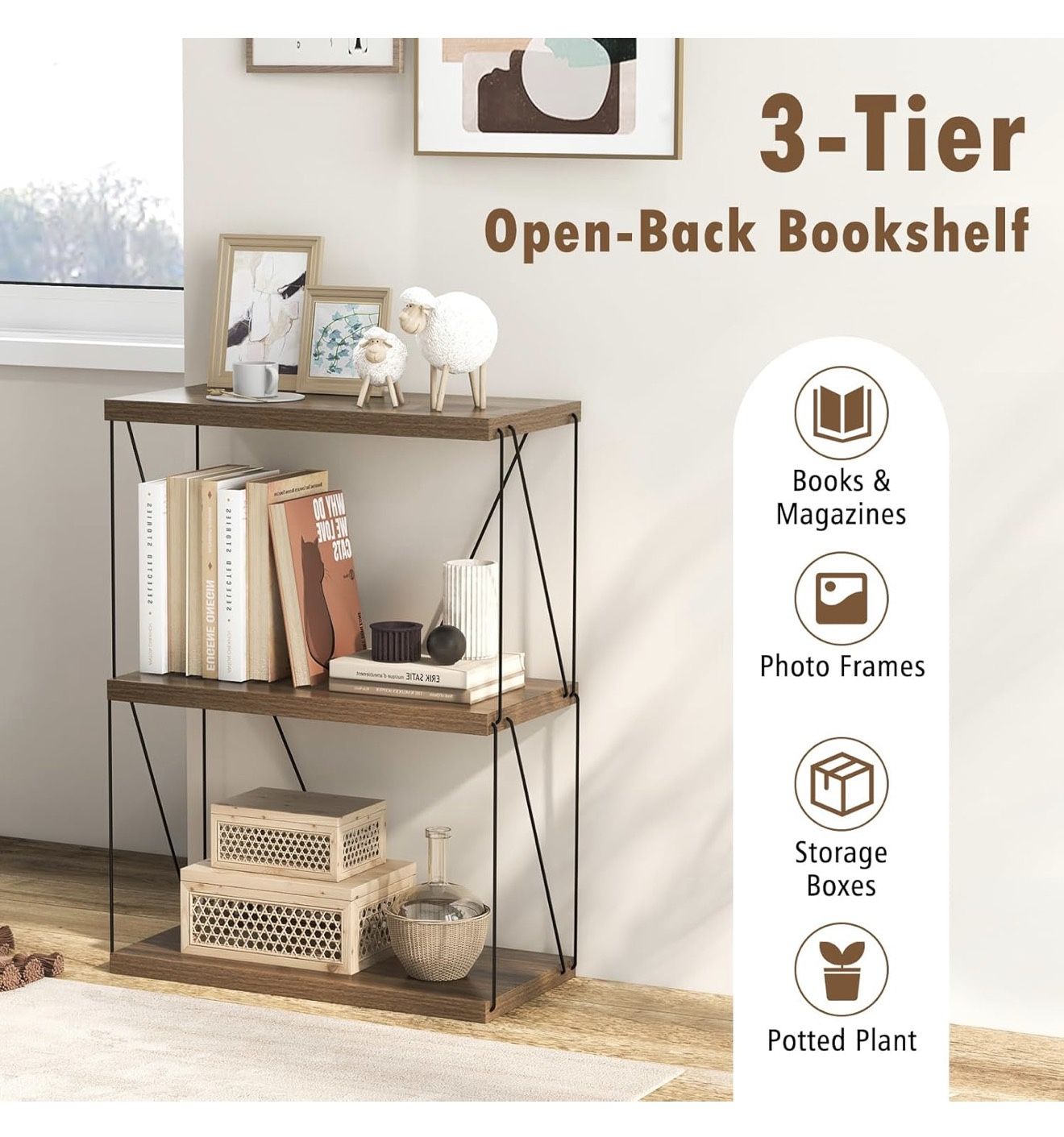 3-Tier Open-Back Bookshelf - Metal Frame Storage Shelf - photo 3