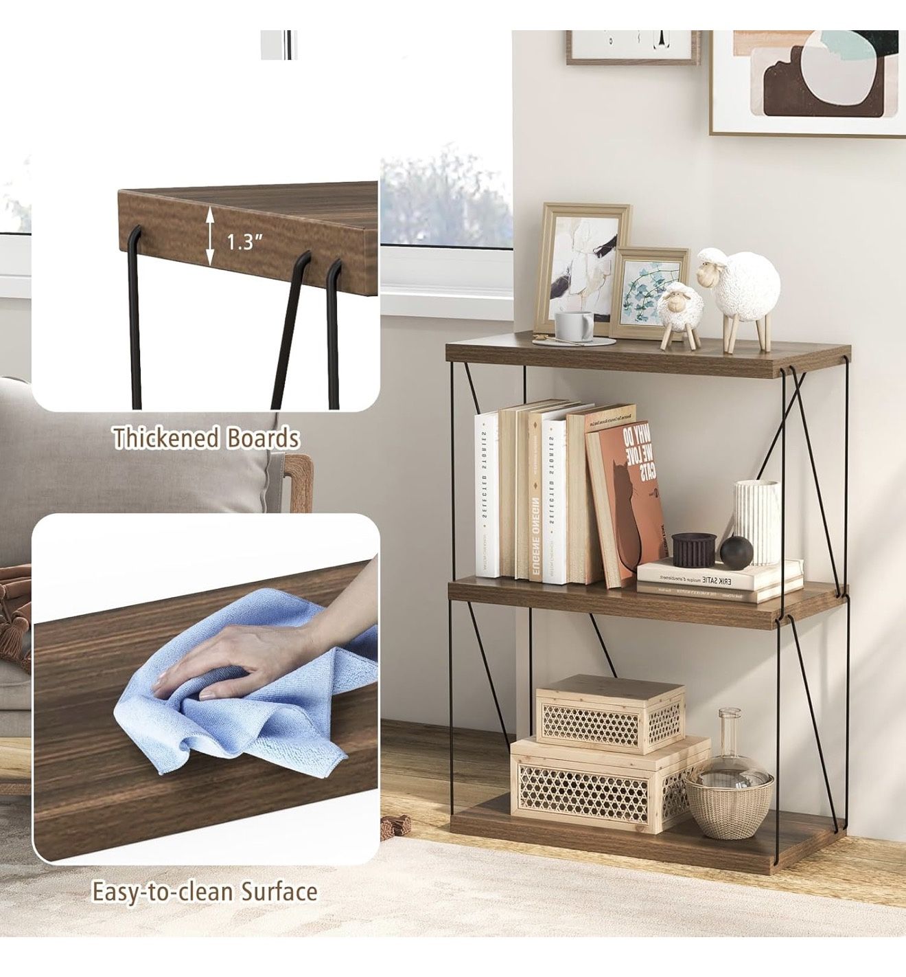 3-Tier Open-Back Bookshelf - Metal Frame Storage Shelf - photo 4