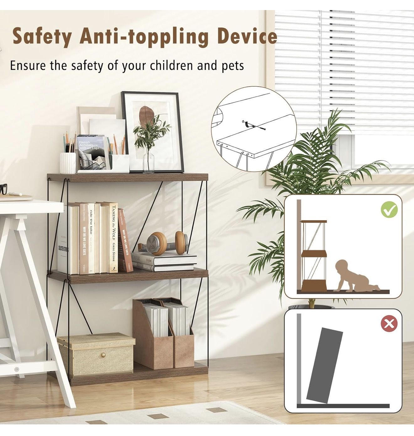 3-Tier Open-Back Bookshelf - Metal Frame Storage Shelf - photo 5