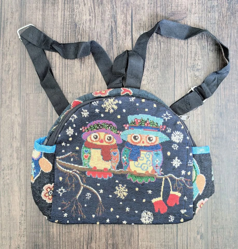 Cute Owl Tapestry Mini Backpack – 9” Boho Winter Bag - photo 2