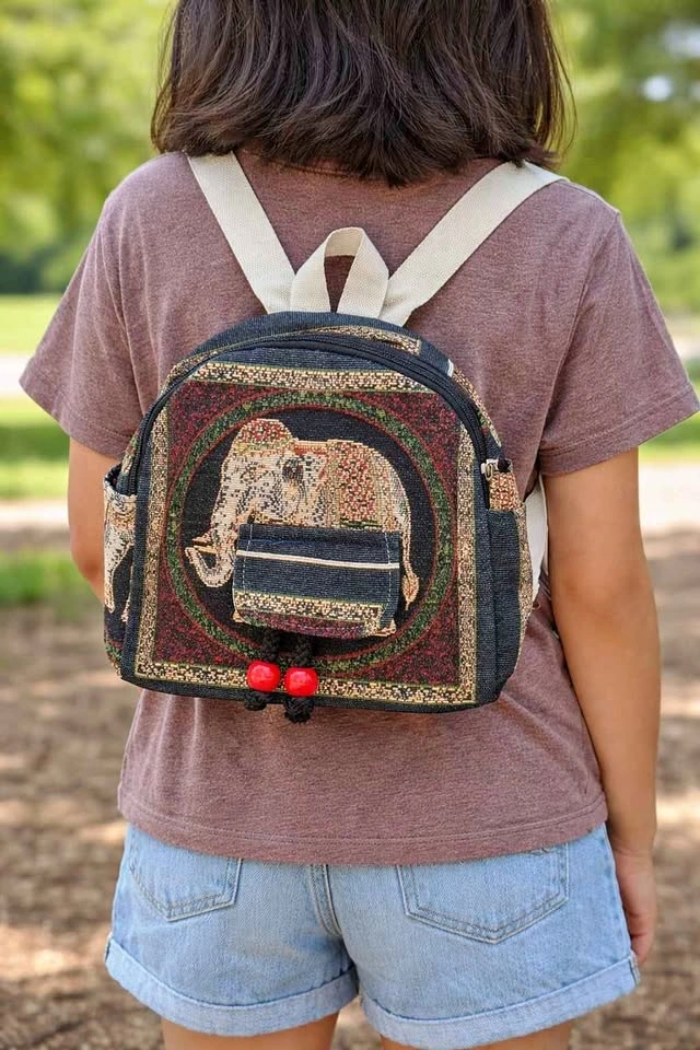 Boho Elephant/Owl Tapestry Mini Backpack w/pockets – 9” Cute Fes