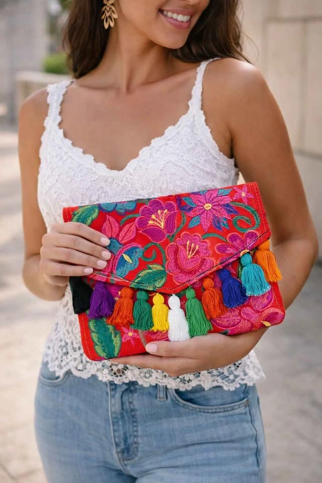 Boho Embroidered Tassel Clutch / Crossbody – Bright Floral Festi