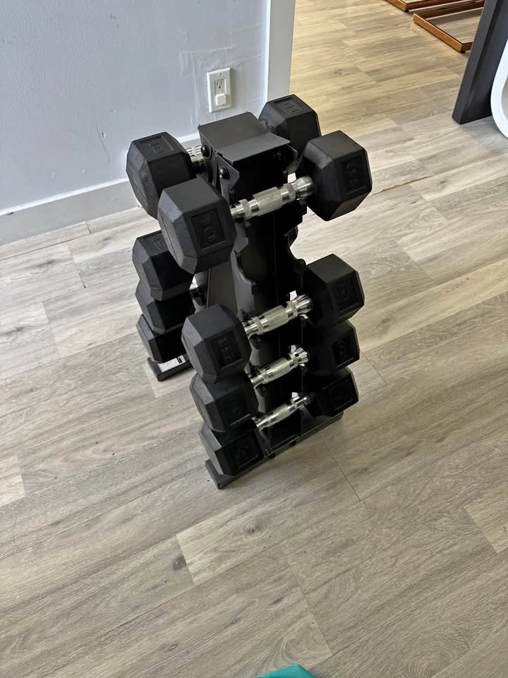 Rubber Hex Dumbbell Set with Weight Stand