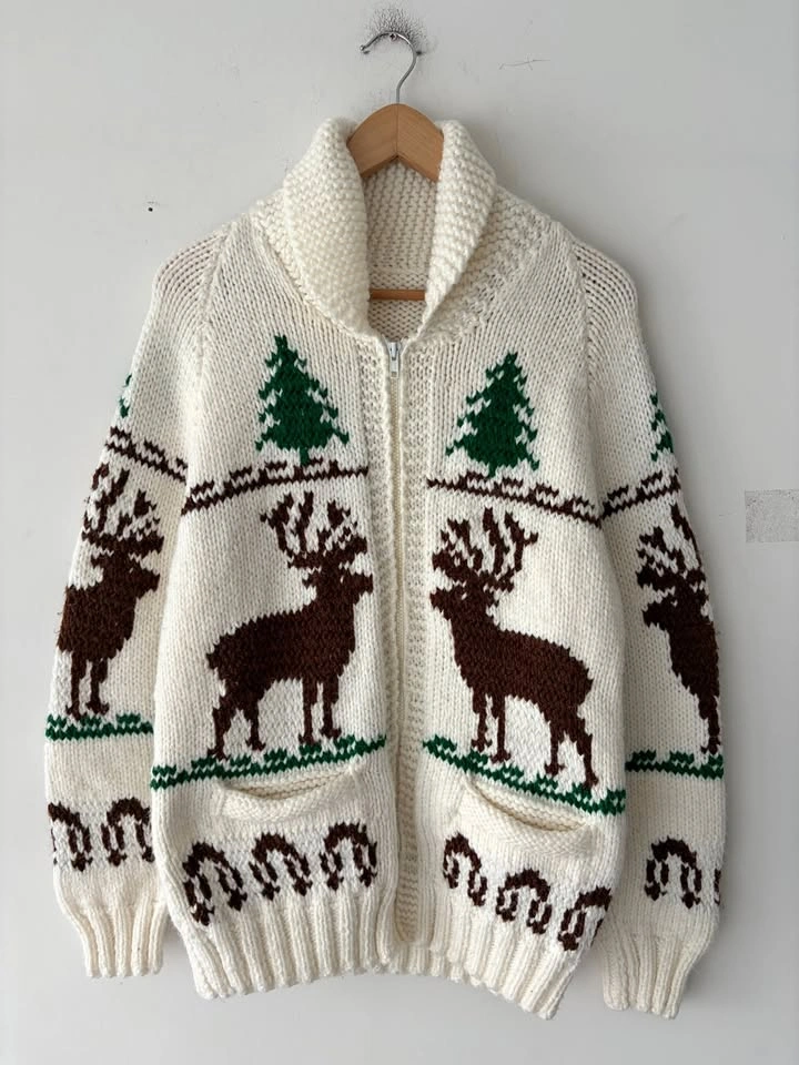 Vintage 60's Cowichan Deer Buck Elk Wool Cardigan Sweater M