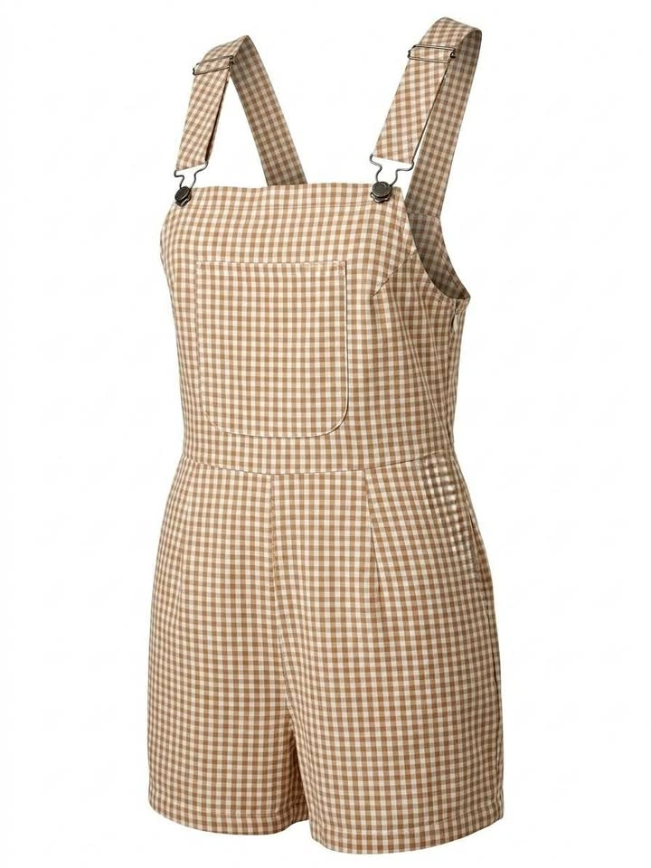 NWT RVCA Forager Cotton Gingham Romper - Size L/12 - Sand/Tan Wh