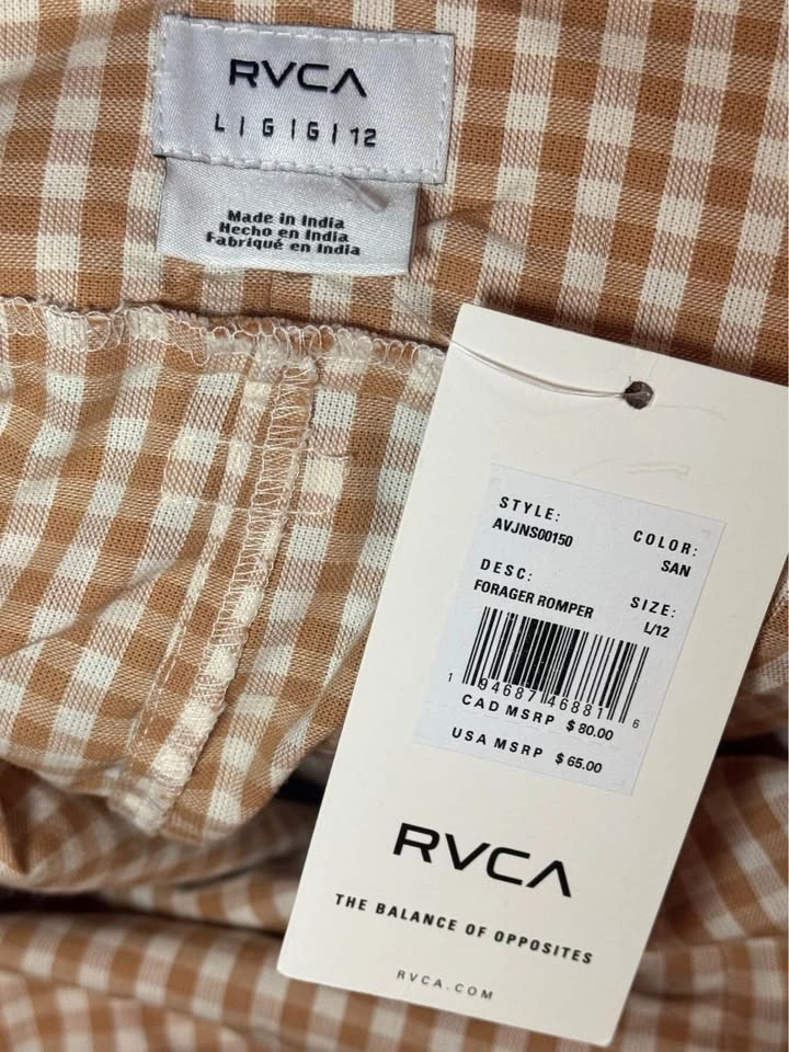NWT RVCA Forager Cotton Gingham Romper - Size L/12 - Sand/Tan Wh - photo 2