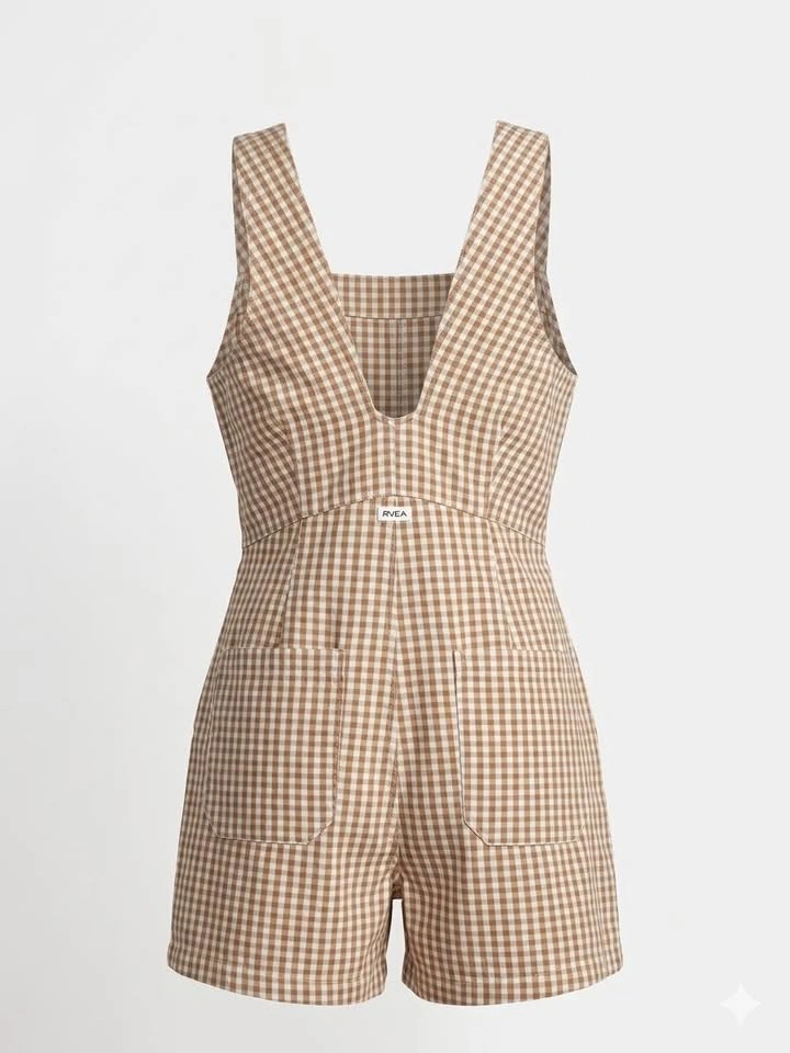NWT RVCA Forager Cotton Gingham Romper - Size L/12 - Sand/Tan Wh - photo 3