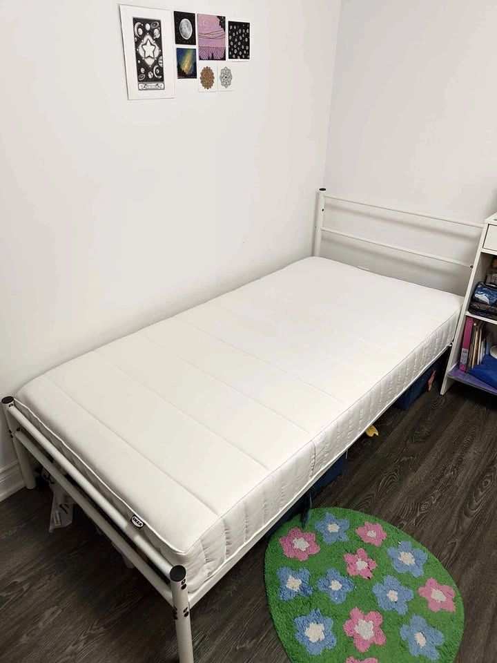 White Metal Single/Twin Bed Frame and IKEA Mattress