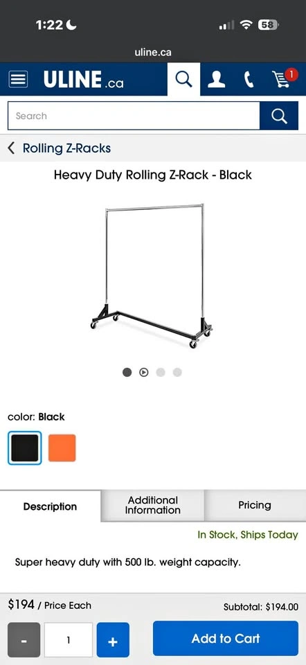 Uline Heavy Duty Rolling Z-Rack - Black
