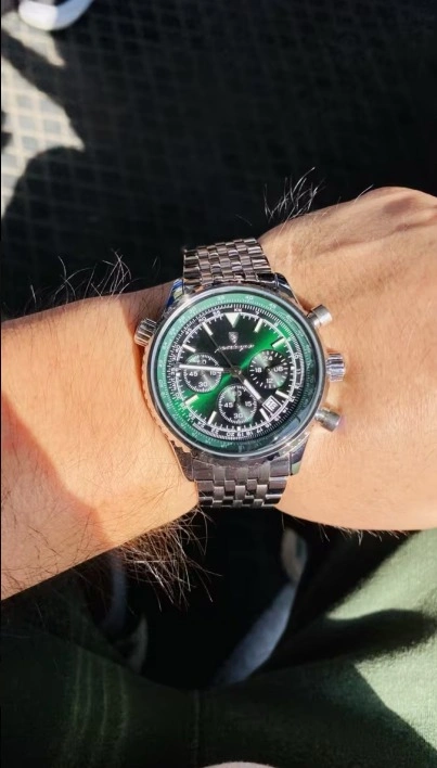 Men’s Green Dial Chronograph Watch – Silver Metal Bracelet - photo 2