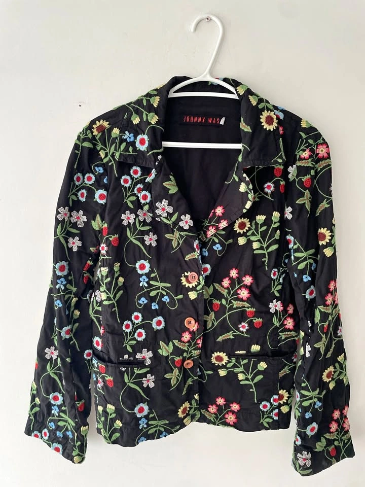 Johnny Was Black Floral Embroidered Blazer Crop Jacket Size L