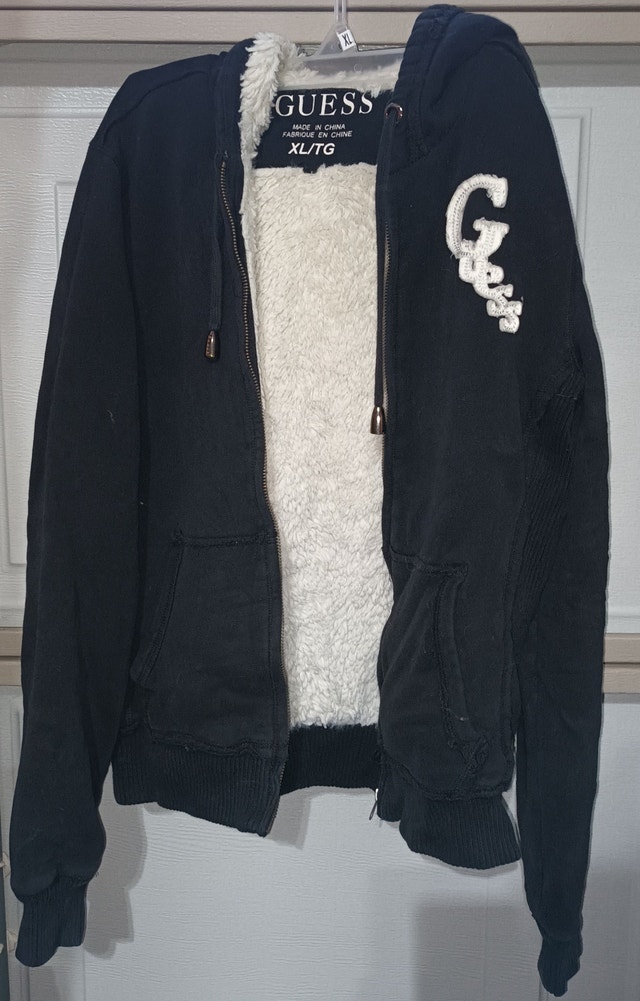 Women's XL Black & White Embroidered Guess Zip Up Hoodie