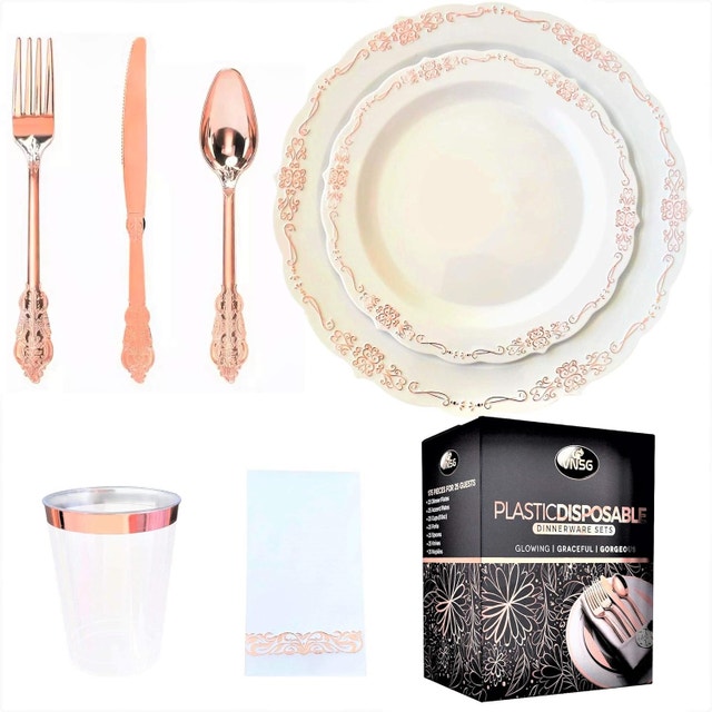 NEW Plastic Plate Setting, 175pcs for 25 Guests, Rose Gold
