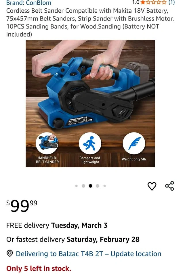ConBlom Cordless Belt Sander - Makita 18V Compatible, Brushless