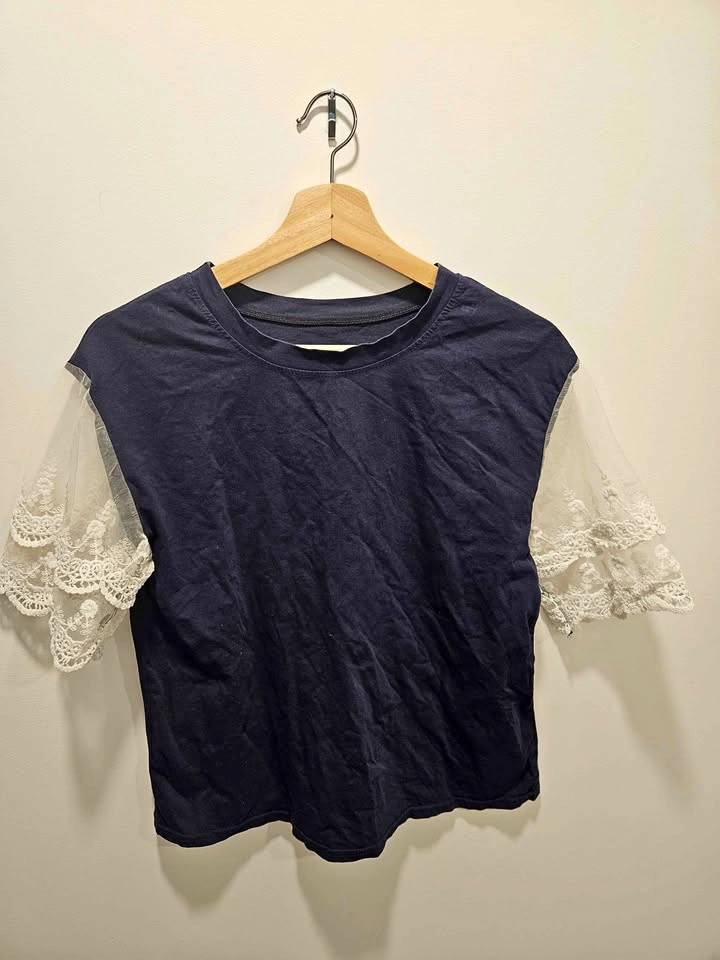 Navy Blue Top with Lace Sleeves (Free Size)