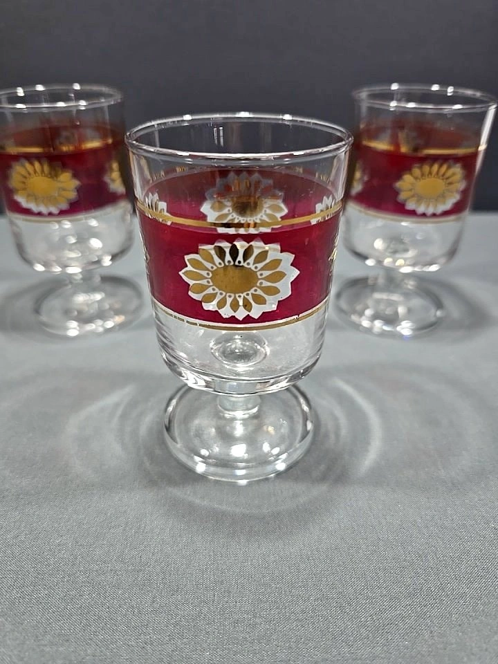 FRENCH LUMINARC SHERRY GLASSES WITH CRANBERRY RED & GOLD DESIGN