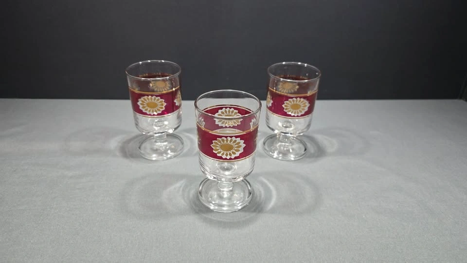 FRENCH LUMINARC SHERRY GLASSES WITH CRANBERRY RED & GOLD DESIGN - photo 2