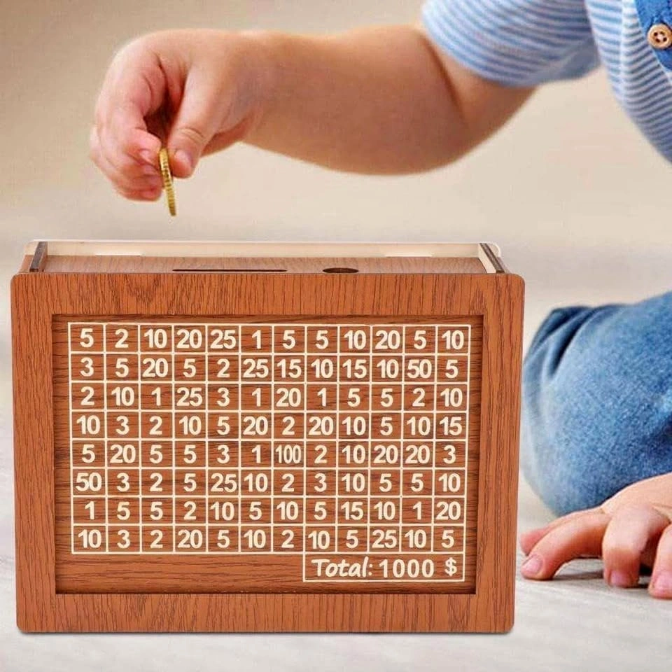 Brand New Wooden 1000 Dollar Savings Challenge Money Box