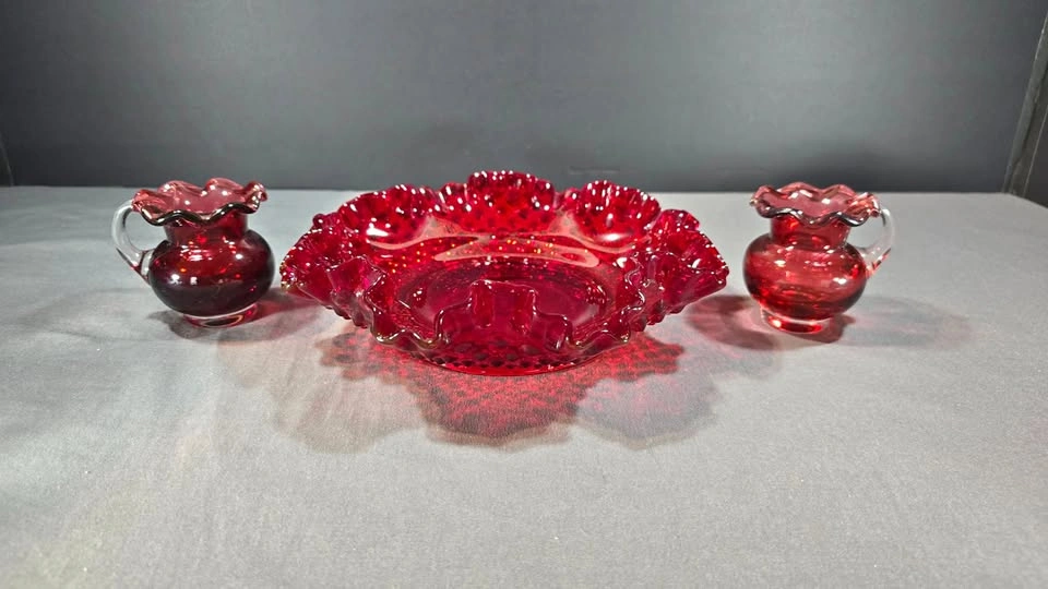 GLASS CRANBERRY CANDY BOWL & 2 MINI-PITCHERS