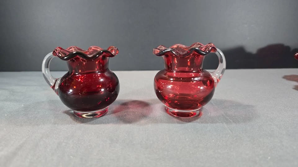 GLASS CRANBERRY CANDY BOWL & 2 MINI-PITCHERS - photo 2