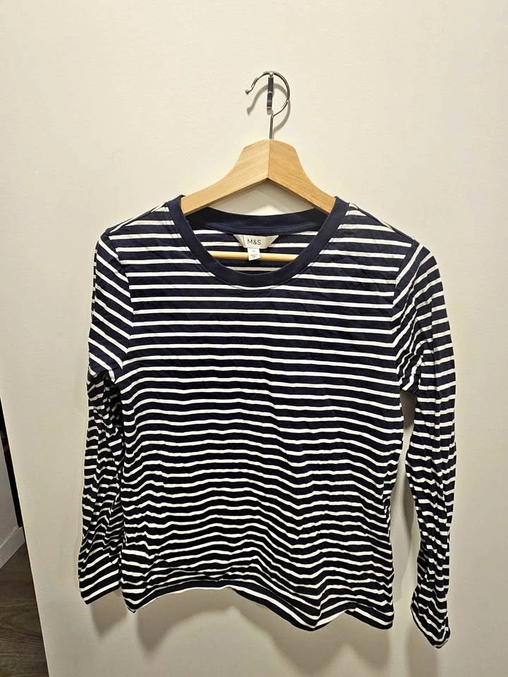 Marks & Spencer Navy Blue Striped Long Sleeve T-shirt (Size 10)