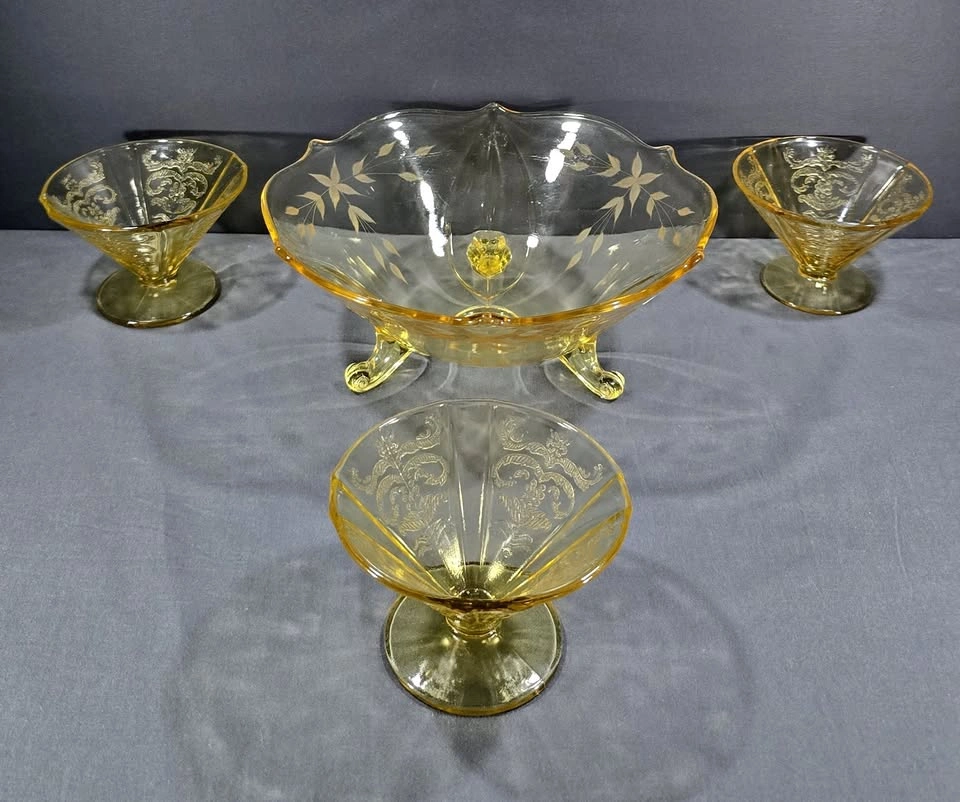 Yellow Floral Glass Footed Bowl & 3 Cups Madrid Pattern