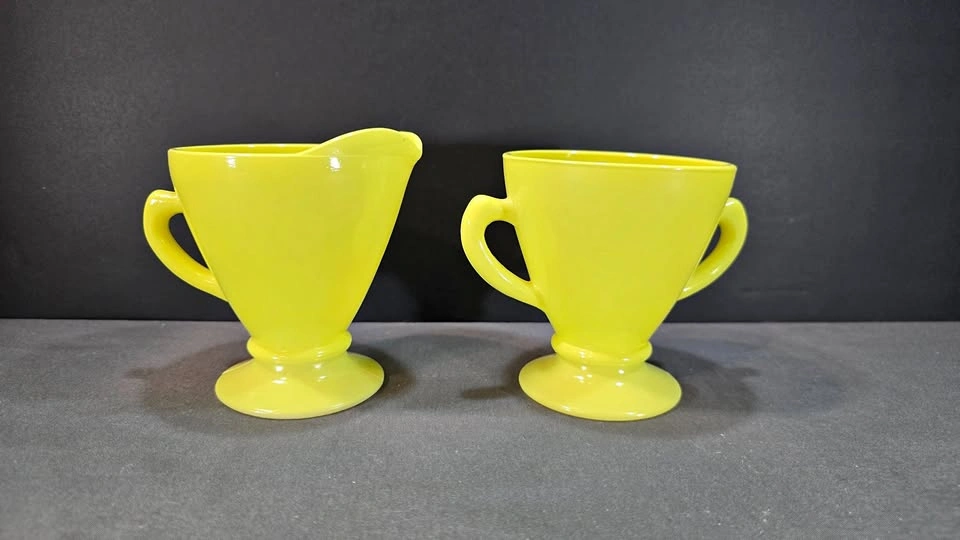 Hazel Atlas Chartreuse Yellow Platonite Creamer & Sugar Set