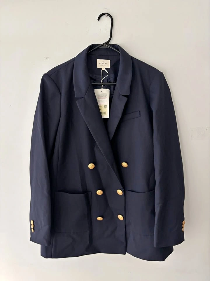 Sezane Michele Navy Gold Buttons Blazer Jacket Size 16 NEW