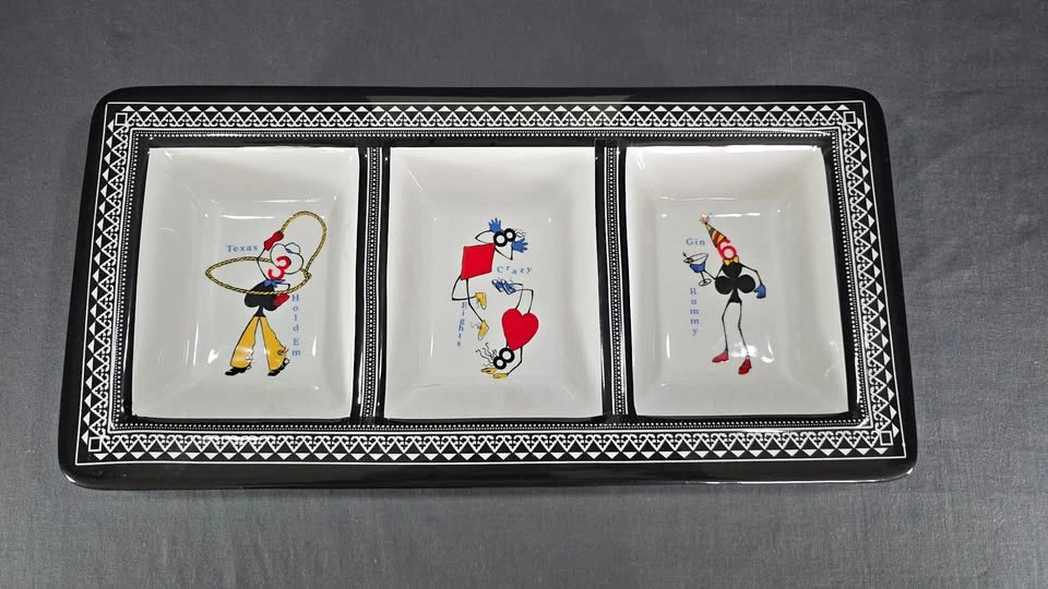Ceramic 3-Compartment Serving Tray - Playing Cards Theme